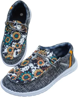 Women's Sunflower Print Slip-On Loafers, Lightweight Canvas Casual Daisy Boat Shoes, Comfortable Walking Sneakers, US 6-10