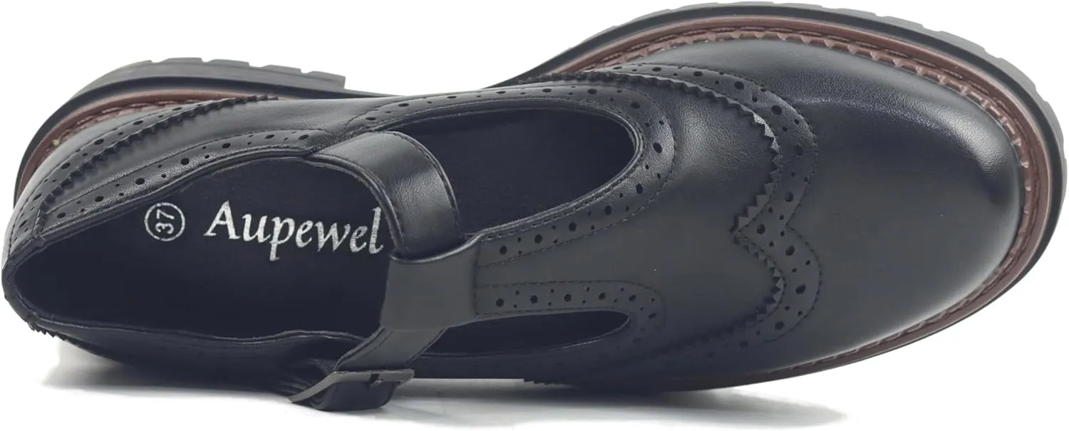 Women's T-Strap Platform Mary Jane Shoes, Round Toe Flats, Non-Slip Oxfords for Work, School, Party & Casual Wear