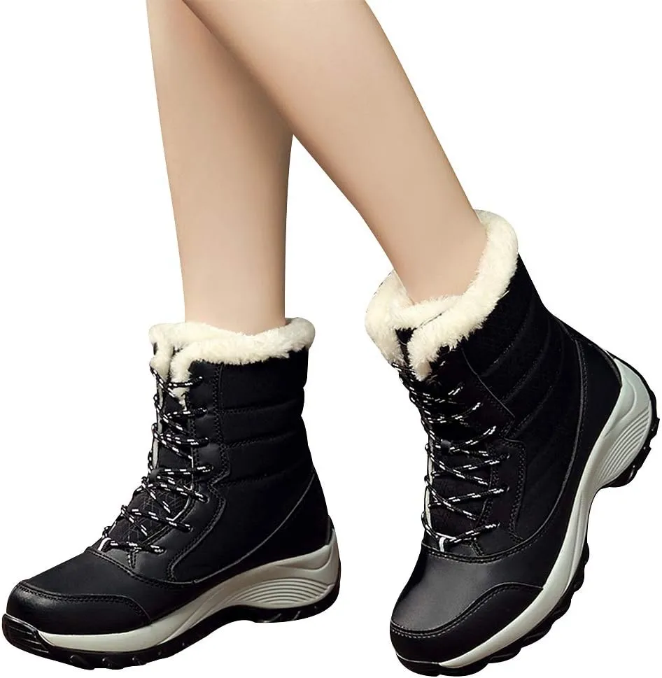 Women's Thermal Mid-Calf Snow Boots Waterproof Platform Lace-Up Winter Outdoor Shoes