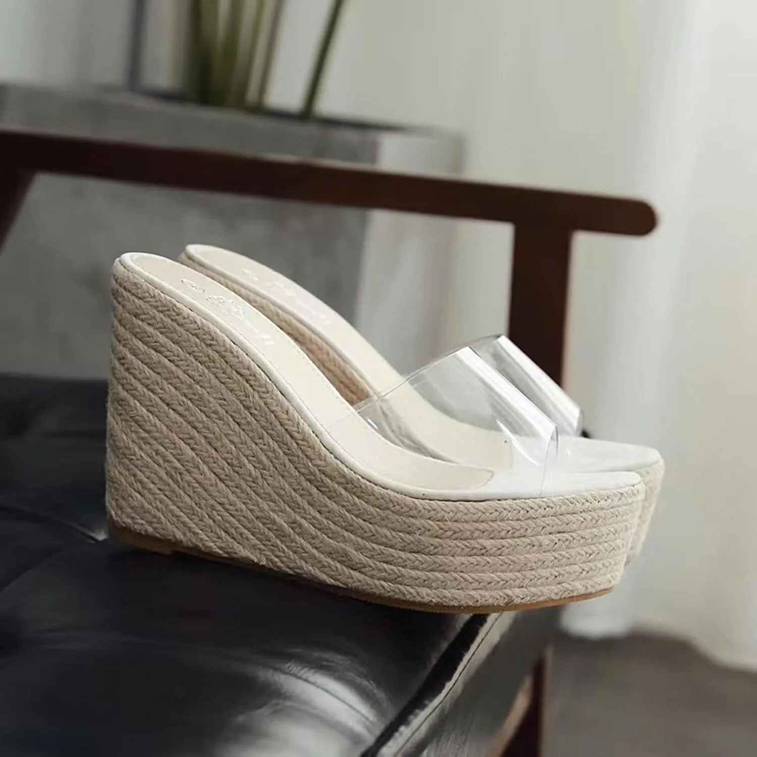 Women's Transparent Lace up Canvas Wedge with Open Toe Beach Sandals