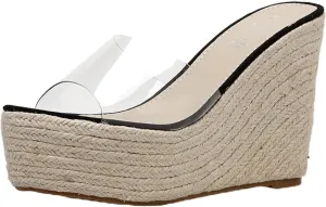 Women's Transparent Lace up Canvas Wedge with Open Toe Beach Sandals