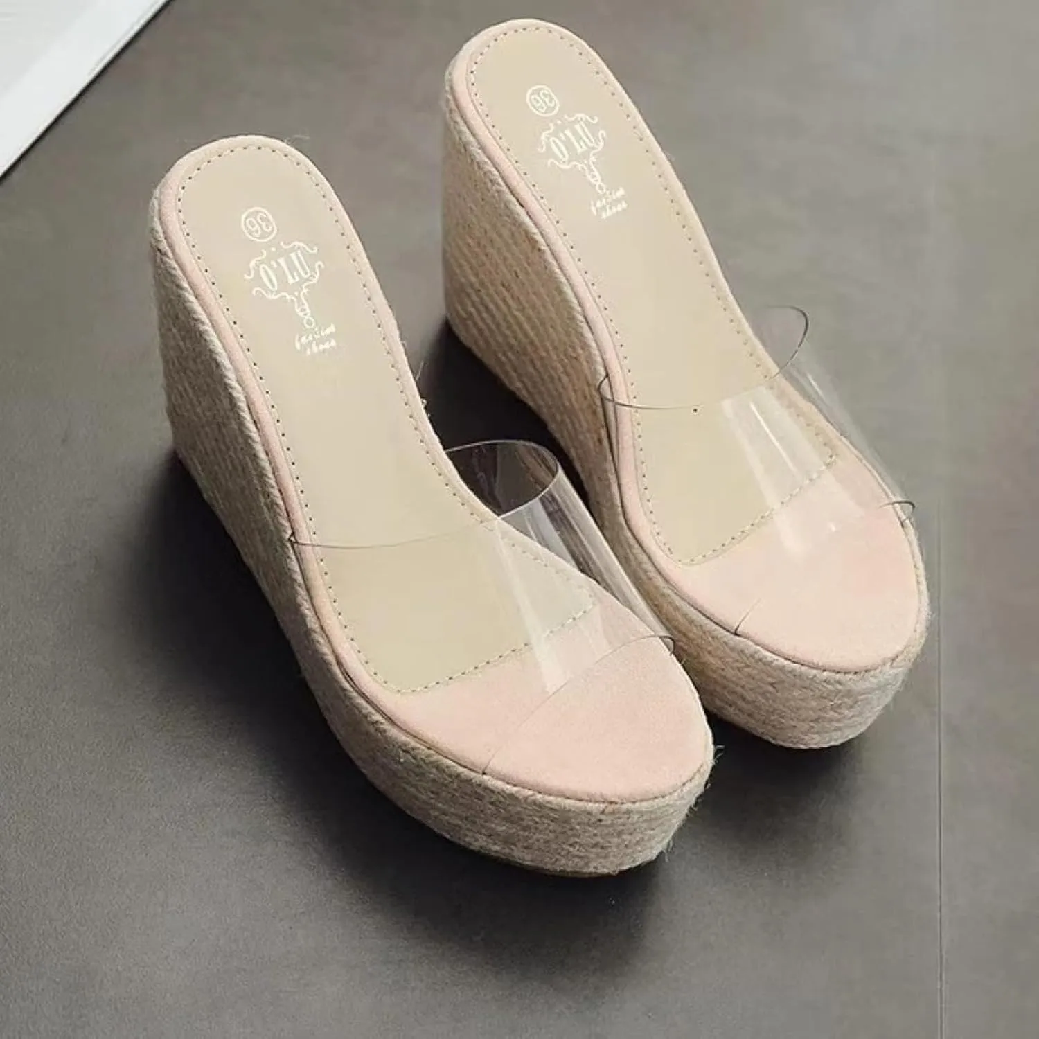 Women's Transparent Lace up Canvas Wedge with Open Toe Beach Sandals
