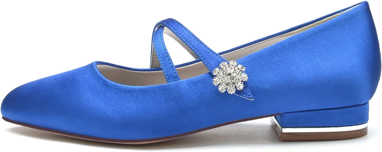 Women's Wedding Dress Shoes for Bride Flats, Pointed Toe Ankle Buckle Strap Closed Toe Lace Satin Evening Party Sandals Flat Pumps