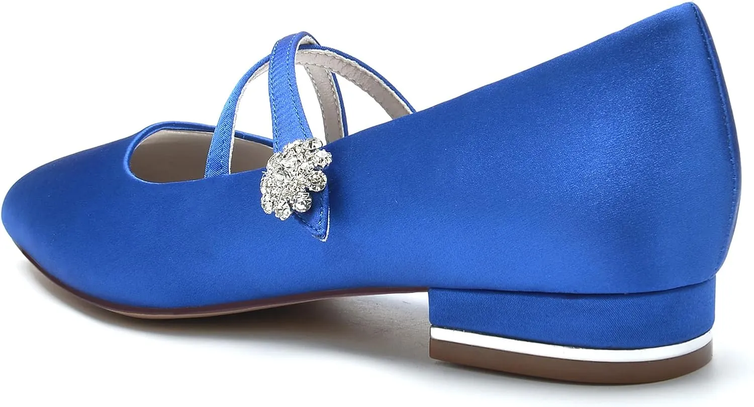 Women's Wedding Dress Shoes for Bride Flats, Pointed Toe Ankle Buckle Strap Closed Toe Lace Satin Evening Party Sandals Flat Pumps