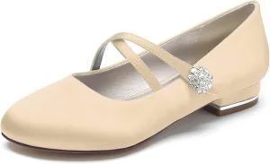 Women's Wedding Dress Shoes for Bride Flats, Pointed Toe Ankle Buckle Strap Closed Toe Lace Satin Evening Party Sandals Flat Pumps