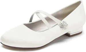 Women's Wedding Dress Shoes for Bride Flats, Pointed Toe Ankle Buckle Strap Closed Toe Lace Satin Evening Party Sandals Flat Pumps