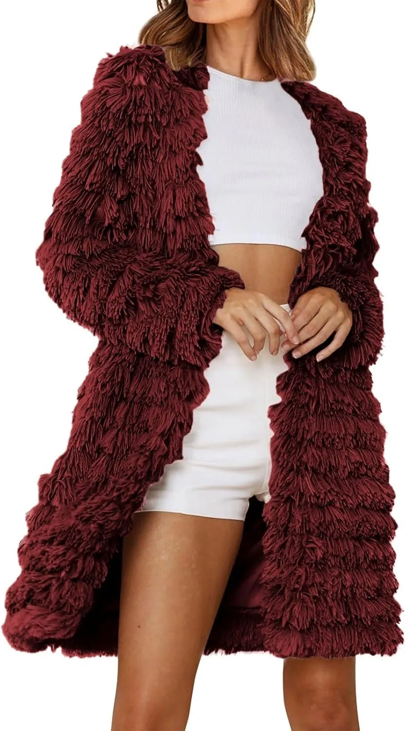 Women's Winter Casual Comfortable Artificial Fur Leather Jacket Autumn Fashion Open Front Long Fury Coat