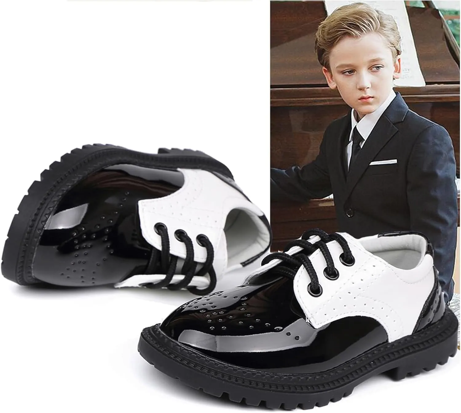 WUIWUIYU Toddlers Little Ring Bearer Wedding Lace-Up Oxfords Flats Brogues Boys School Uniform Dress Shoes