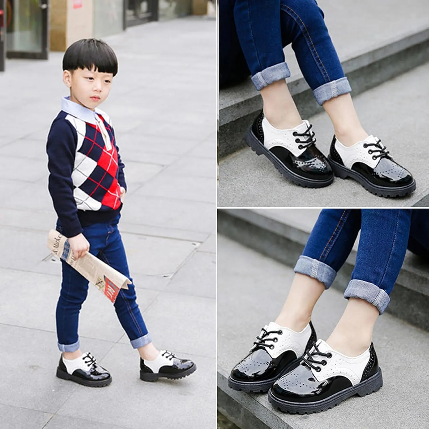 WUIWUIYU Toddlers Little Ring Bearer Wedding Lace-Up Oxfords Flats Brogues Boys School Uniform Dress Shoes