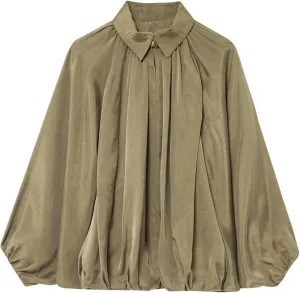 Xunger Women's Puffed Bomber Jacket Oversized Streetwear Casual Batwing Sleeve Lapel Collar Zip Front Pleated Shirts