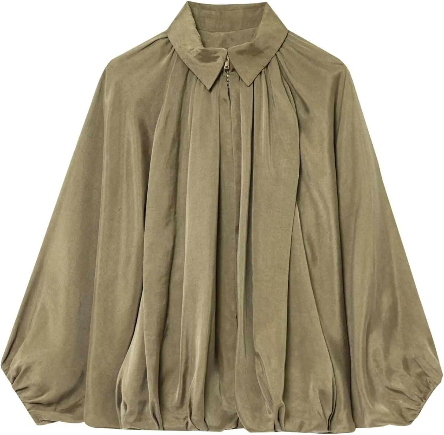Xunger Women's Puffed Bomber Jacket Oversized Streetwear Casual Batwing Sleeve Lapel Collar Zip Front Pleated Shirts