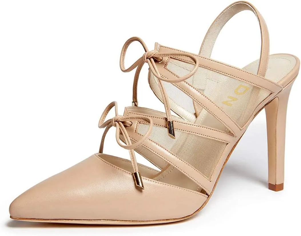 YDN Women Fashion Pointed Toe Stiletto High Heel Mesh Strappy Dress Sandals Bowknots Lace up Slingback Party Pumps Shoes Size 5 Wheat