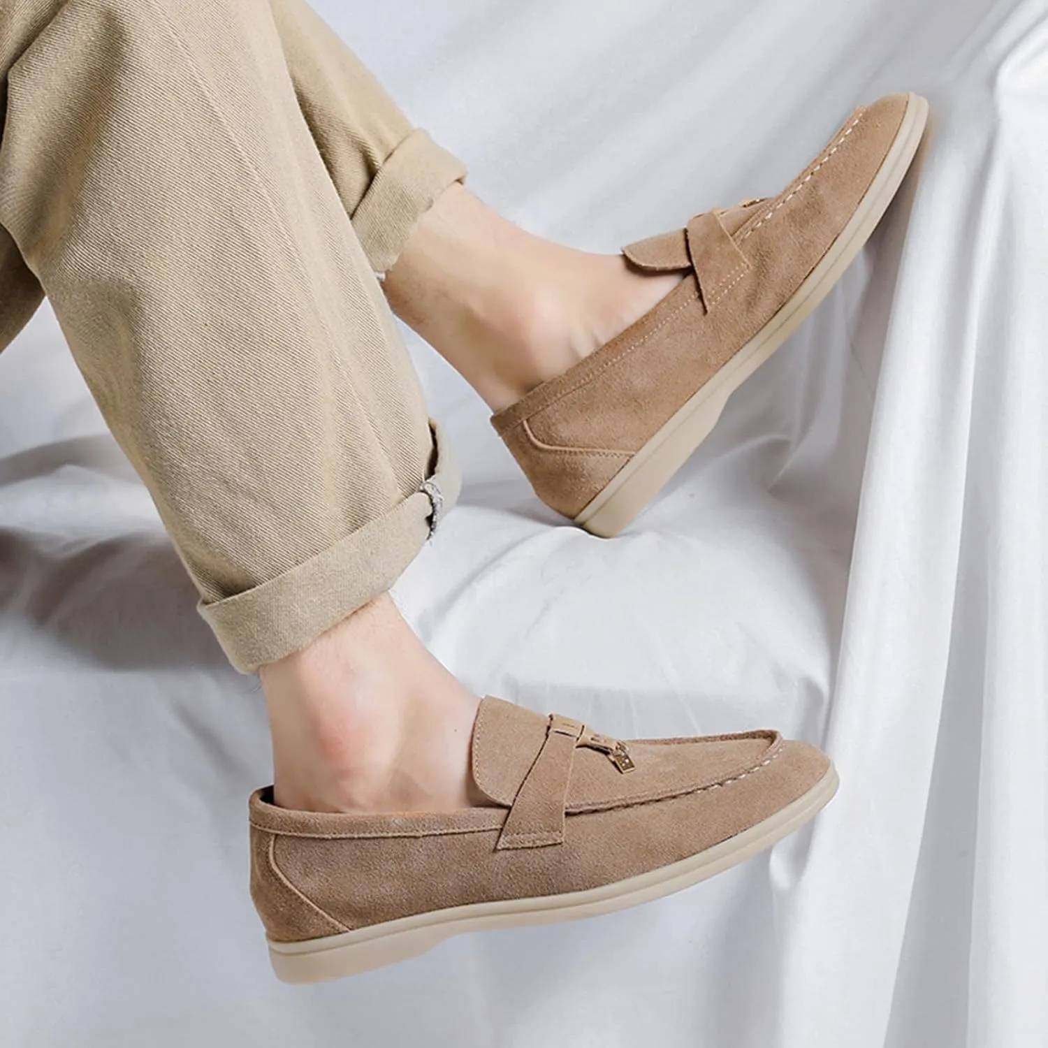 Zeberfi Men's Luxury Suede Penny Loafers Shoes with Pendant Decor,British Retro Casual Slip On Flats Tuxedo Dress Shoes for Prom Wedding