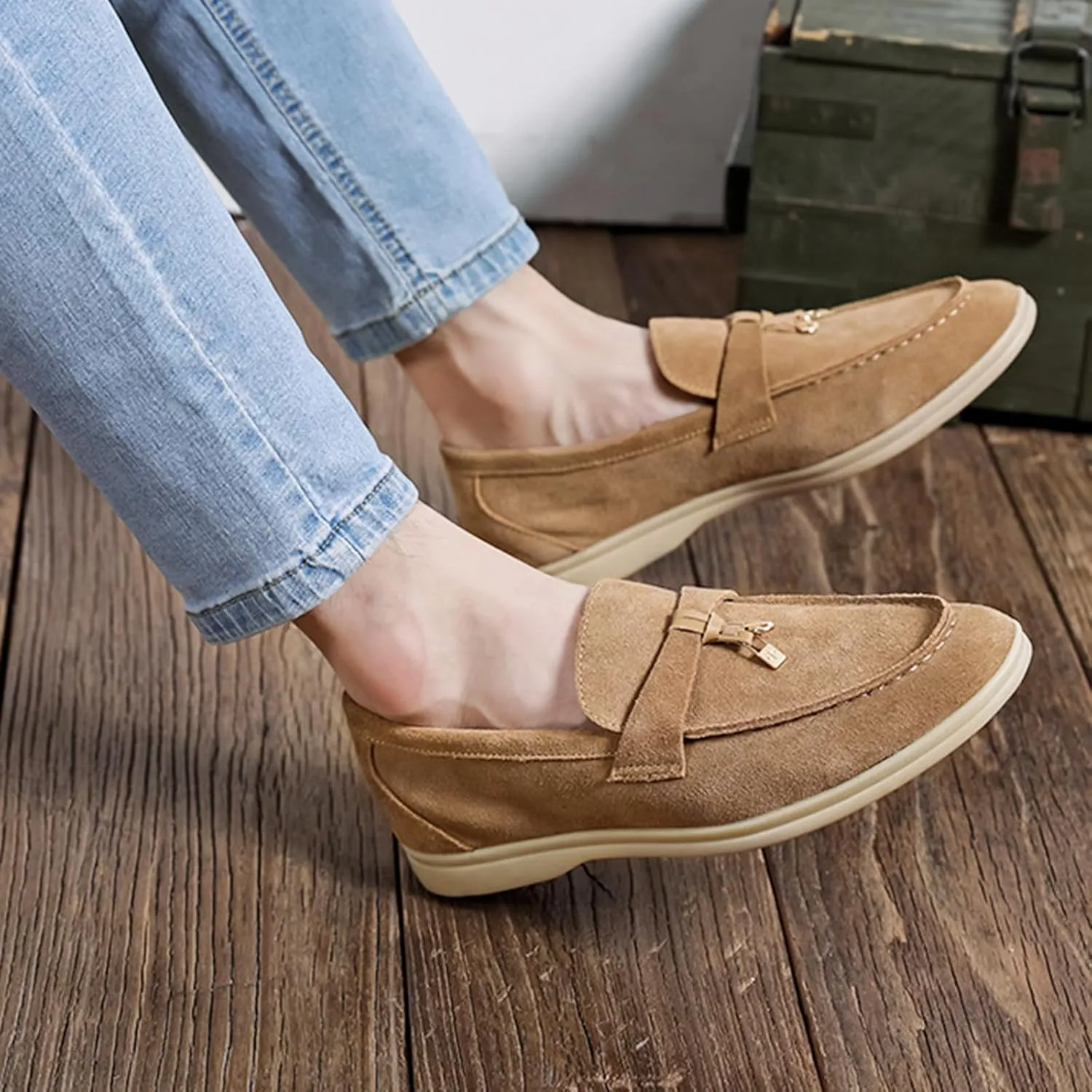 Zeberfi Men's Luxury Suede Penny Loafers Shoes with Pendant Decor,British Retro Casual Slip On Flats Tuxedo Dress Shoes for Prom Wedding