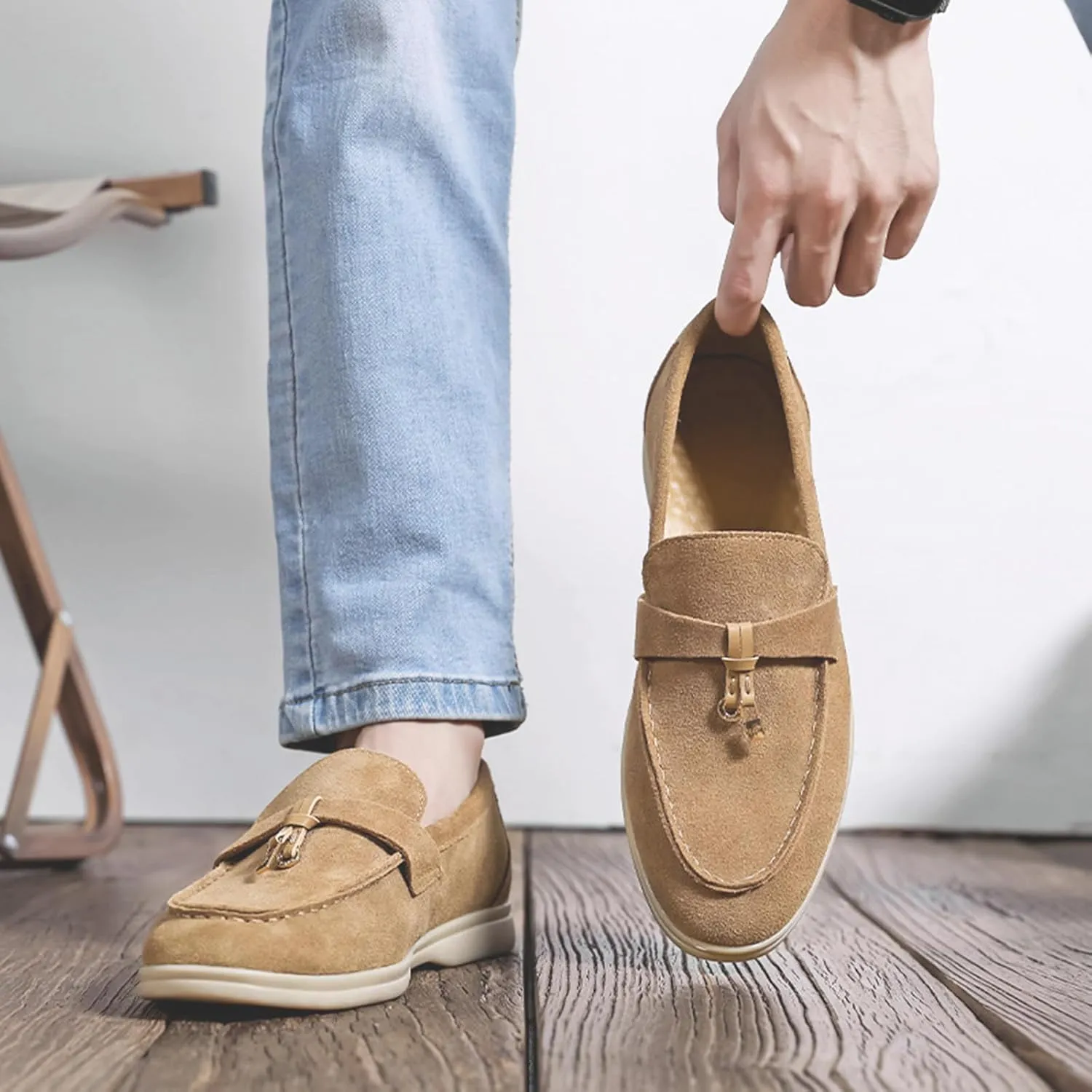 Zeberfi Men's Luxury Suede Penny Loafers Shoes with Pendant Decor,British Retro Casual Slip On Flats Tuxedo Dress Shoes for Prom Wedding