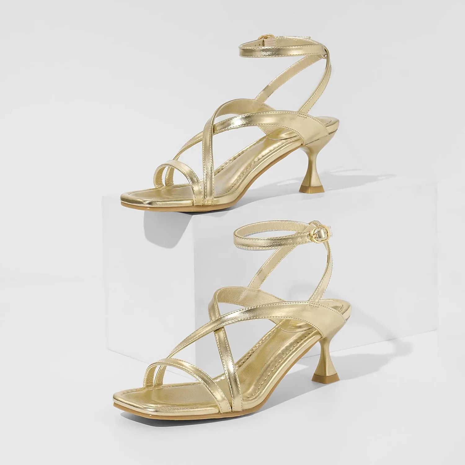 ZURIN Women's Low Kitten Heels Sandals Dressy Strappy Heeled Sandals Open Square Toe Ankle Strap Summer Dress Party Shoes 2.4 Inch