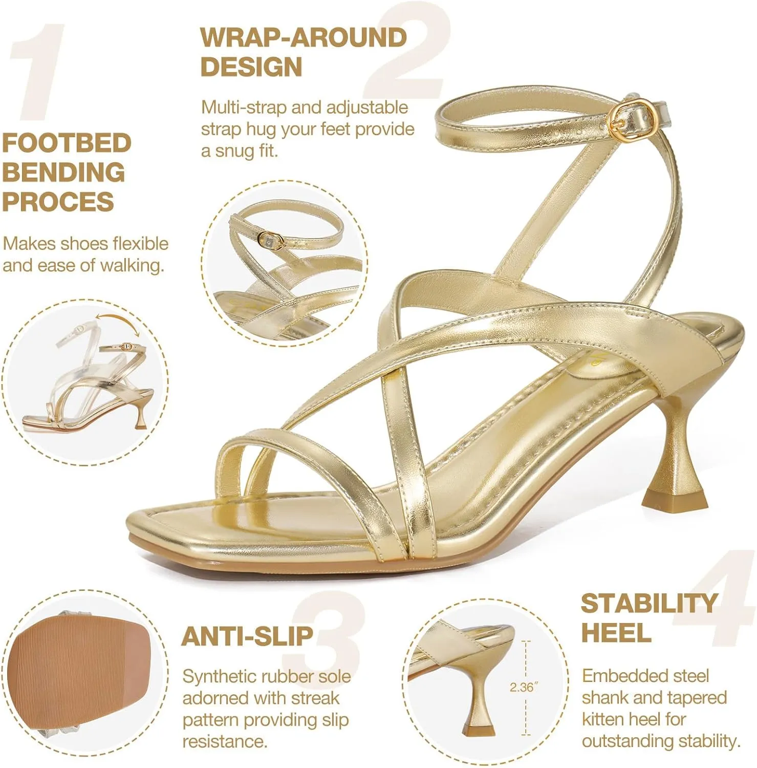 ZURIN Women's Low Kitten Heels Sandals Dressy Strappy Heeled Sandals Open Square Toe Ankle Strap Summer Dress Party Shoes 2.4 Inch
