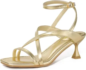 ZURIN Women's Low Kitten Heels Sandals Dressy Strappy Heeled Sandals Open Square Toe Ankle Strap Summer Dress Party Shoes 2.4 Inch